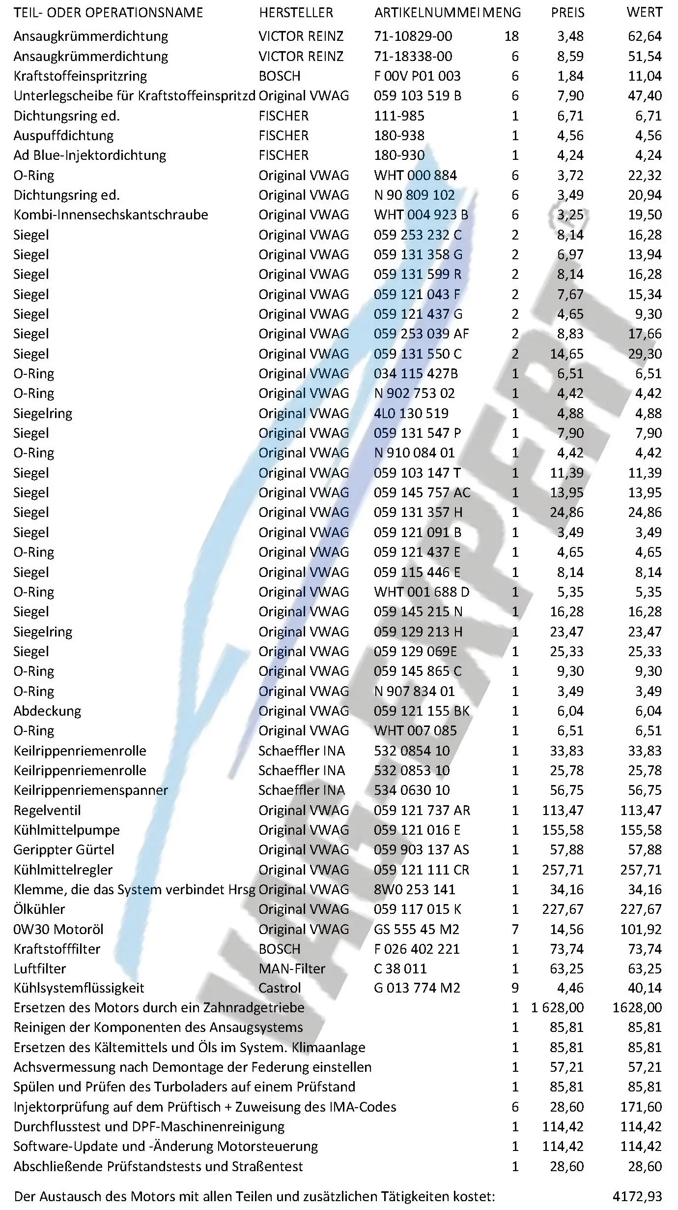 Kosten für den Motoraustausch